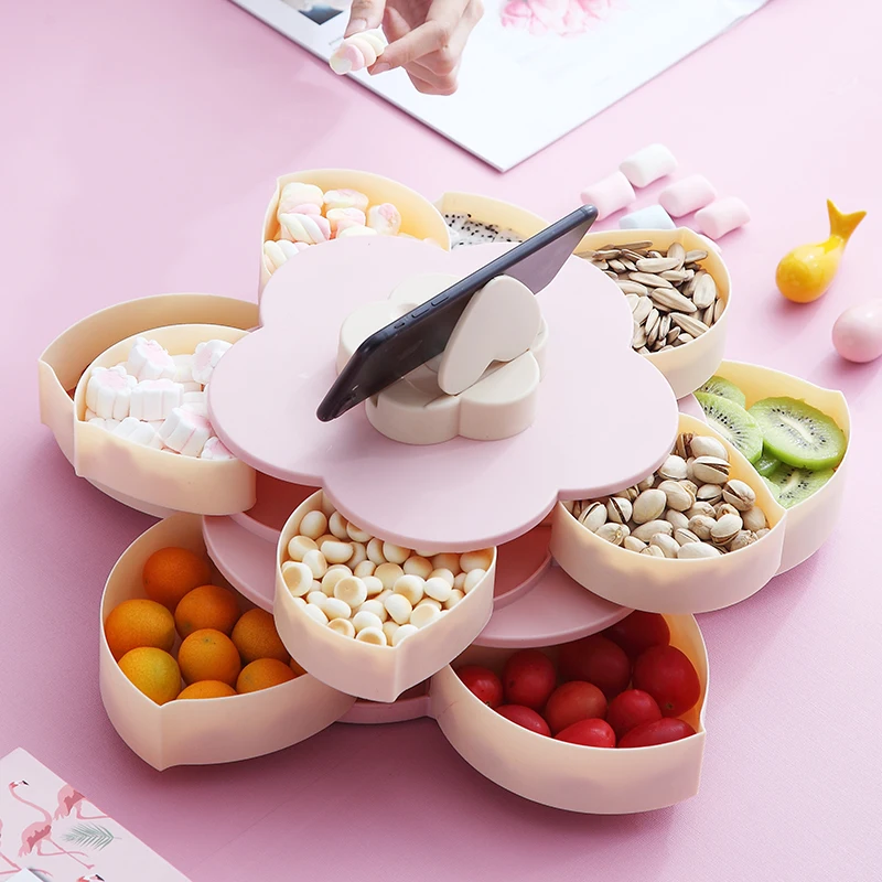 Flower Food Tray Petal-Shape Snack Candy Storage For Food Nut Rotatable Container Case Candy Holder Storage Box Organizer