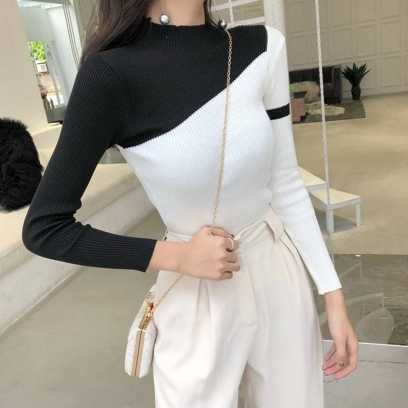 

Lucyever Fashion Patchwork Turtleneck Black Sweater Women Knitted Elasticity Slim Solid Shirt Woman New Winter Simple Pull Femme