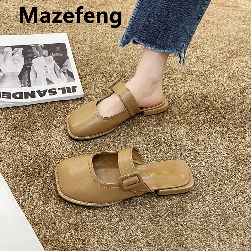 Мюли Mazefeng Женские однотонные в полоску, сланцы, квадратный носок, летняя модная обувь, тапки, большие размеры 35-40, 2021 Мюли Mazefeng Женские однотонные в полоску, сланцы, квадратный носок, летняя модная обувь, тапки, большие размеры 35-40, 2021