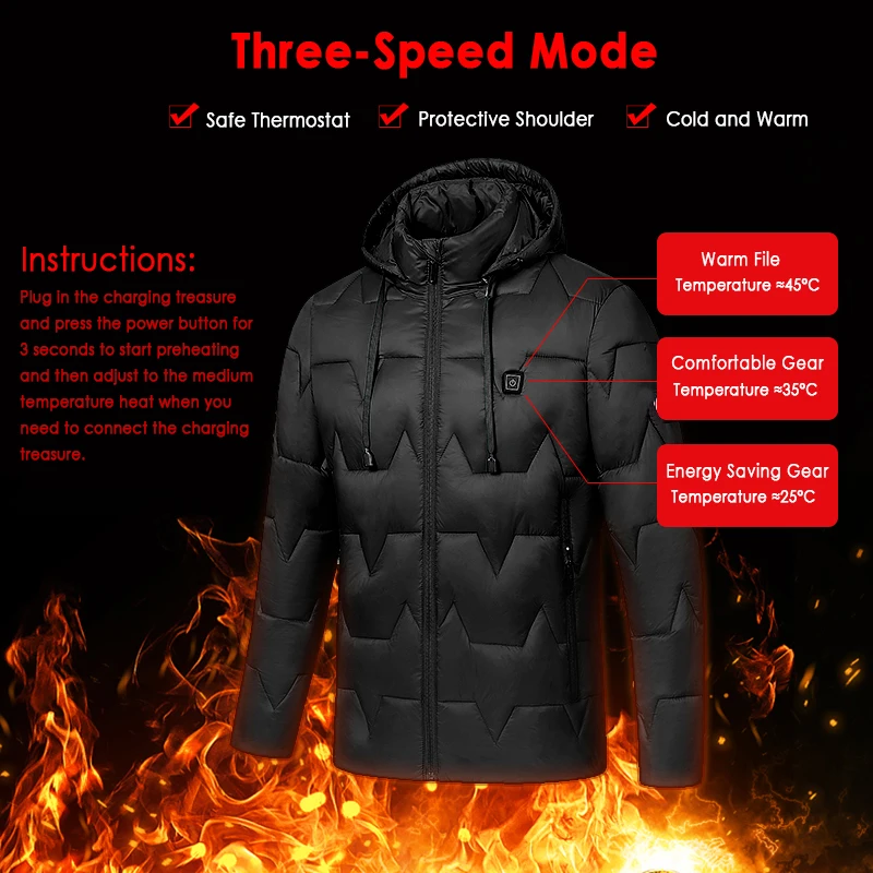 

Outdoor Heated vest Mens Women Heated Coat USB Electric Battery Long Sleeves Heating Hooded Jacket Warm winter Thermal Clothing