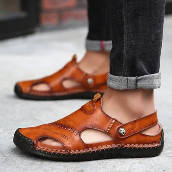 

Summer New Style Flip Flops Men Leather Genuine Leather Closed-toe Fashion Cowhide Split Toe Outdoor Wear Slippers Men Shoes