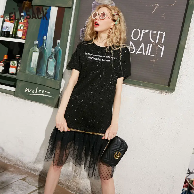 

ELFSACK Black Letter Print Contrast Mesh Casual Dress Women 2020 Spring Gray Sequins Irregular Hem Ladies Korean Daily Dresses