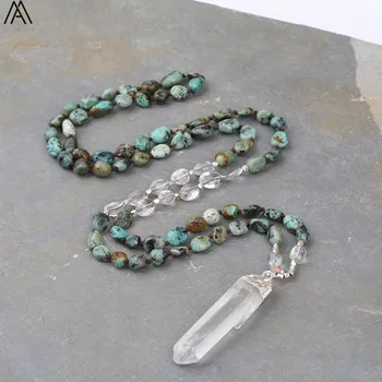 

Natural White Quartz Stick Point Pendant African Turquoises White Crystal Chip Beads Knotted Handmade Necklace Yoga Jewelry