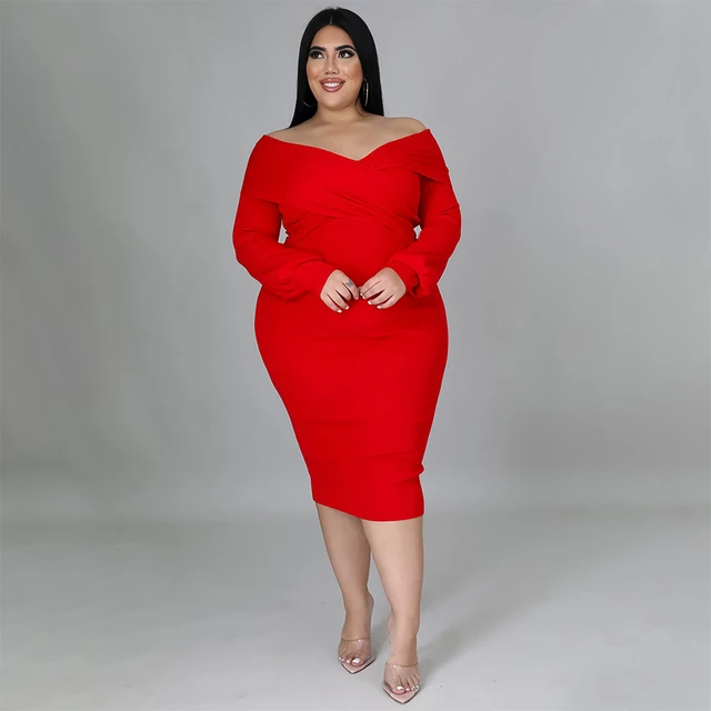 Trendy Plus Size Women Clothing Fashion V Neck Solid Color Dew Shoulder  High Waist Sexy Elegant Party Evening Dresses Wholesale - Plus Size Dresses  - AliExpress