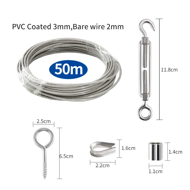 SGYM 56PCS/Set 50 Meter Steel PVC Coated Flexible Wire Rope Soft Cable Transparent Stainless Steel Clothesline Diameter 3mm Kit