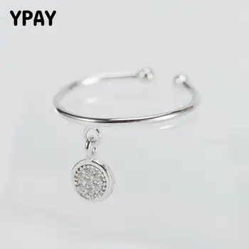 

YPAY 100% Pure 925 Sterling Silver Adjustable Rings For Women Round Circle Charm Dangle Ring Fine Party Jewelry Hot Sale YMR458