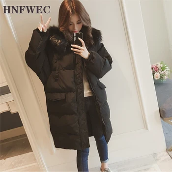 

2019 Winter New Women's Hooded Solid Down Parka Long Jacket Sweet Big Fur Zipper Full Sleeve Korean Style Thick Coat D575