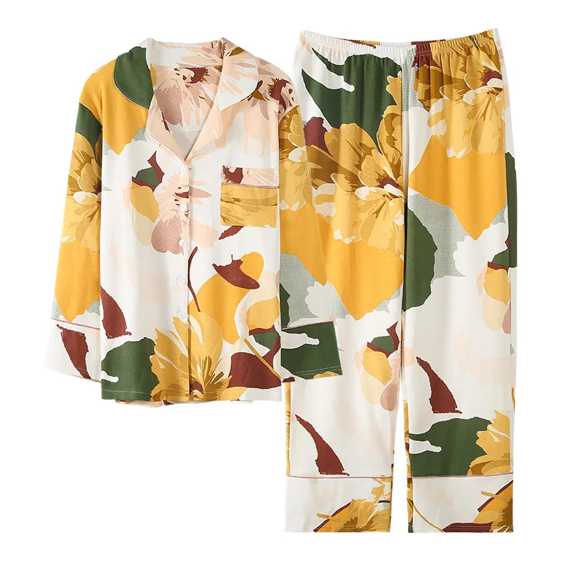 

winter pajamas 2 pieces clothing knitting cotton print nightwear turn-down collar casual women pajamas sets home service