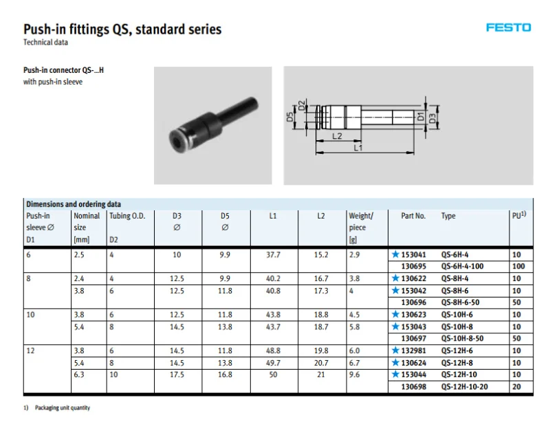 QS-6-4 153037 QS-8-6 QS-10-8 QS-12-8 QS-12-10 FESTO пуш-ап-быстроразъемные соединения QS стандартная серия разъем пневматический компонент инструменты воздуха