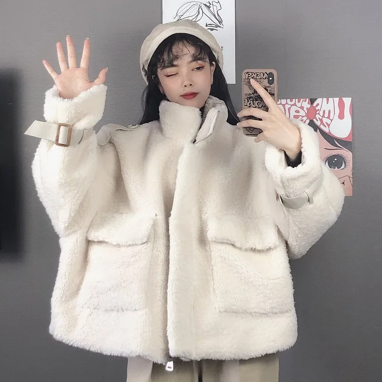 

Photo Shoot 2019 Korean-style Loose-Fit Stand Collar Pocket Brushed And Thick Cotton Coat Long-sleeved Coat