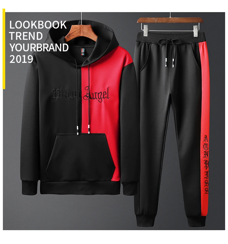 Fashion Men's Set Clothing Hoodies+Pants Sets Sweatshirt Polyester Casual Patchwork Tracksuit Men Hot Sale Brand 2 Pieces