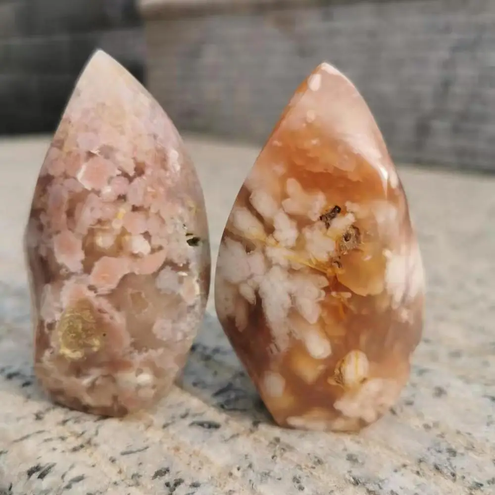 

2pcs Natural flower agate crystal stone cherry blossom agate flame shaped for healiing