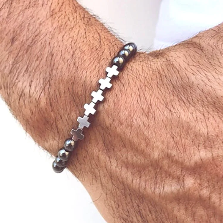 Hematite Leopard Head Cross Crown Bracelet Lucky Men's Charm Beaded Bracelet Gift 6mm bracelet jewelry