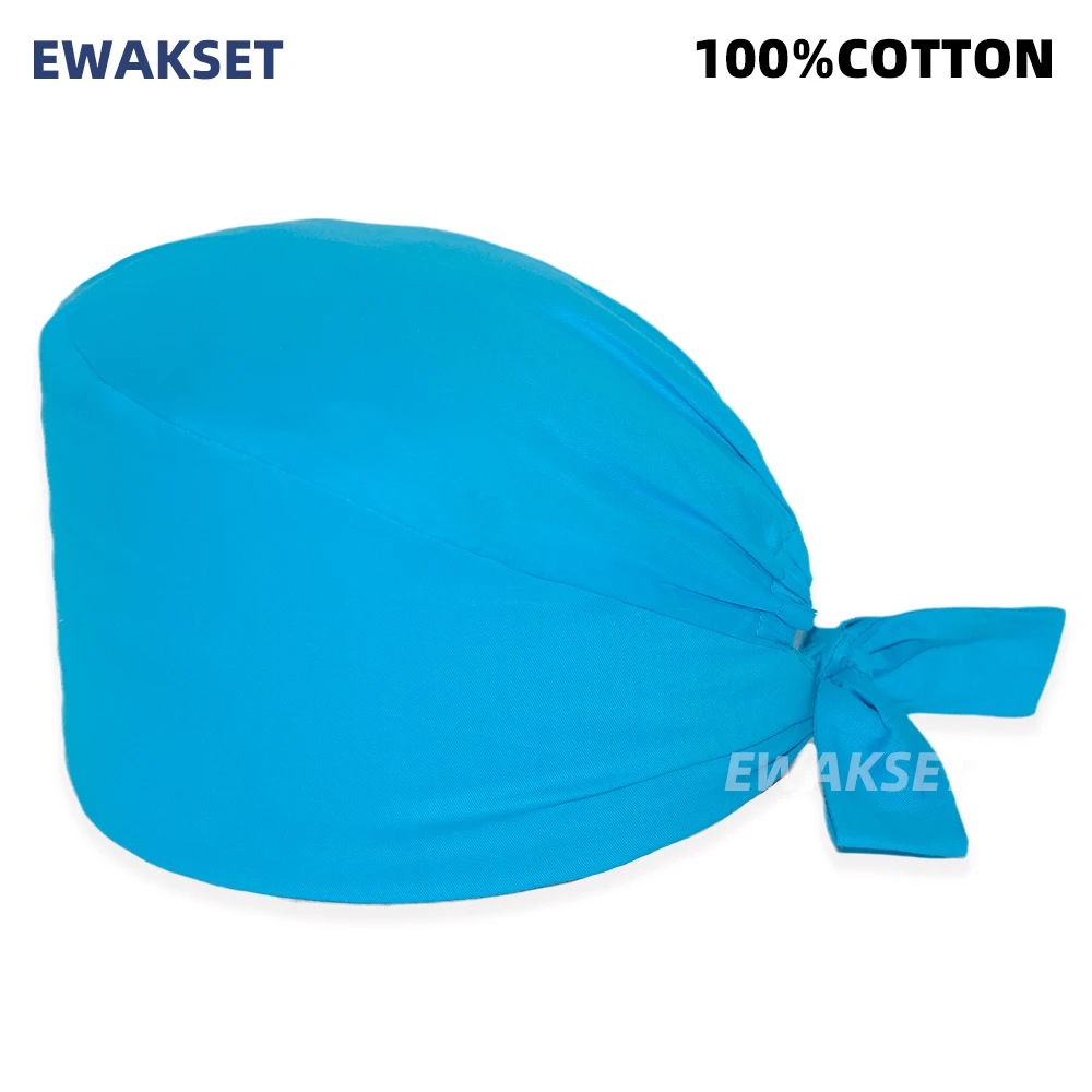 16pcs nurse Working Hat With Sweatband Cotton Bandage Vets Caps Nurse Hats Printed Breathable surgical Hat Solid Color Blue