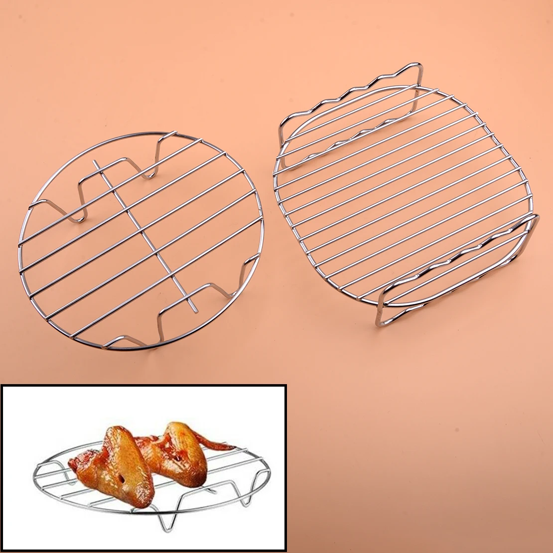 

2 шт. 17 см; Серебристые Нержавеющая сталь аэрофритюрница для приготовления блюд без многоцелевой площадь двойной слой стойки подходят для жарки продуктов в микроволновая печь