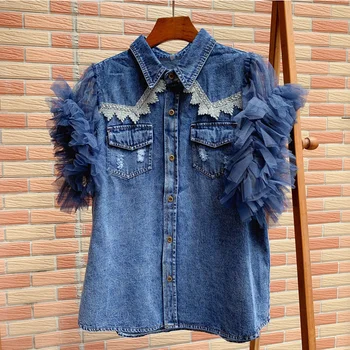 

Women Sleeveless Jacket Mesh Patchwork Lapel Button Big Size Denim Coat Female Fashion Clothes 2020 Tide Mesh Sleeve Jacket