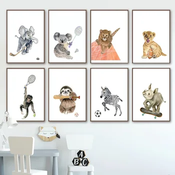 

Baby Giraffe Elephant Lion Koala Playing Sports Wall Art Canvas Painting Nordic Posters And Prints Wall Pictures Kids Room Decor