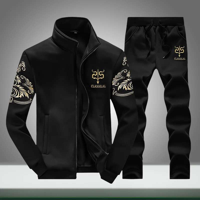 

Men Jackets Outdoors Casual Solid Zipper Pockets 2019 Autumn Male Fitness Jacket Sets Two Pieces Printing Stand Collar Coats