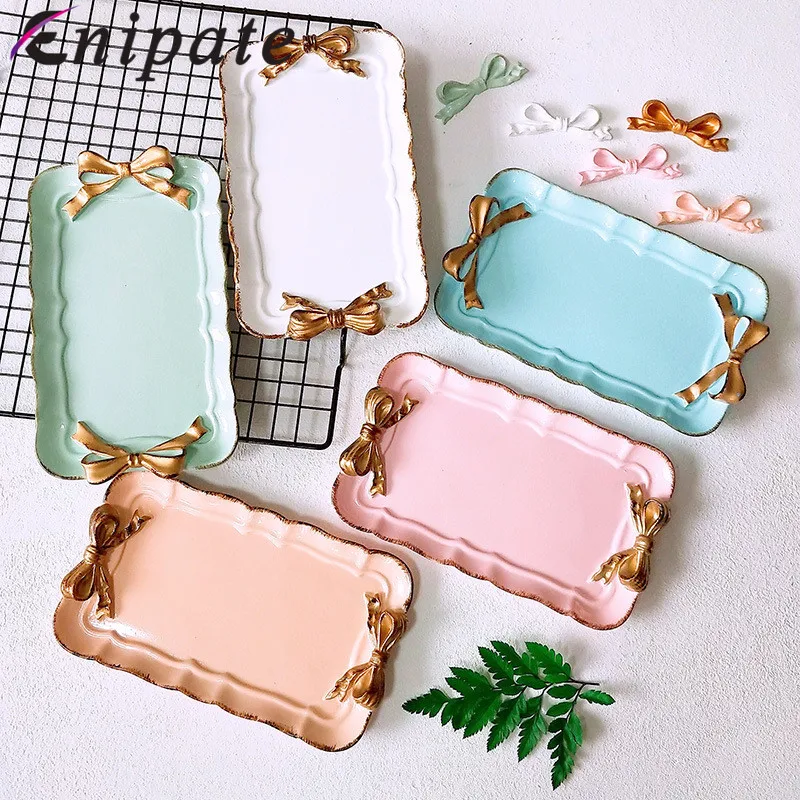 European Style Bow Cake Storage Trays Makeup Organizer Dessert Plate Square Decor Tray Kitchen 12*20cm | Дом и сад
