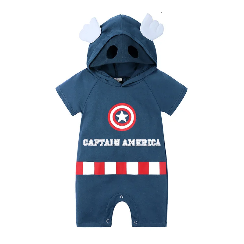 Captain America Летняя одежда для новорожденных девочек с супергероями Ropa Bebe, комбинезон с капюшоном и короткими рукавами для детей от 6 до 18 месяцев, хлопковый комбинезон для маленьких мальчиков, комбинезон, костюм - Color: Captain America