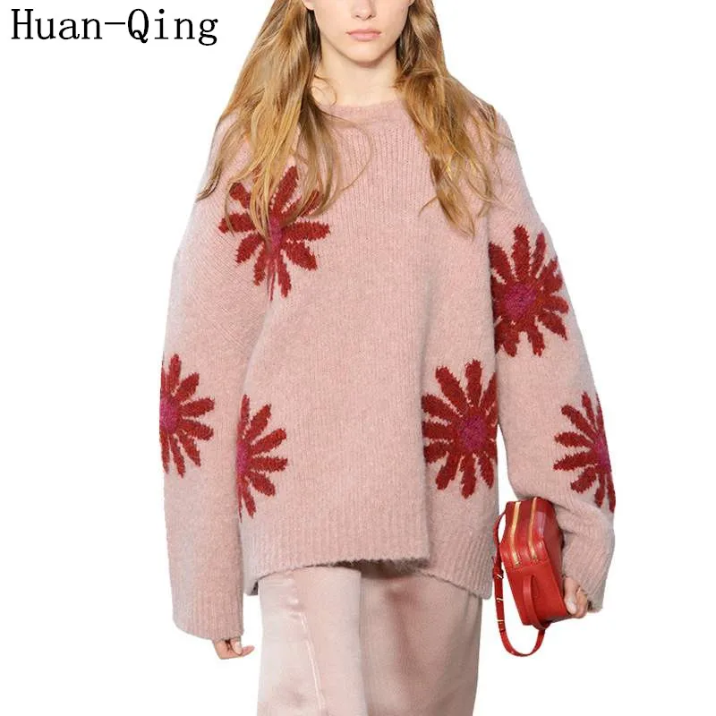 Autumn Runway Women Fashion Knitwear Pull Femme O-Neck Embroidery Pink Pullovers Long Sleeve Elasticity Loose Knitting Sweater
