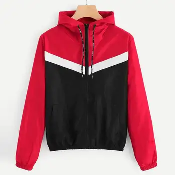 

Korean Women Autumn Hooded Jacket Contrast Color Drawstring Pockets Long Sleeve Thin Casual Loose Outerwear Fashion Female Coats