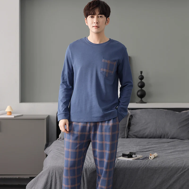 Autumn M-4XL Pajama Sets Men's 100% Cotton Pajamas Plaid Sleepwear Casual Sleep Lounge Pyjamas Pijamas Hombre