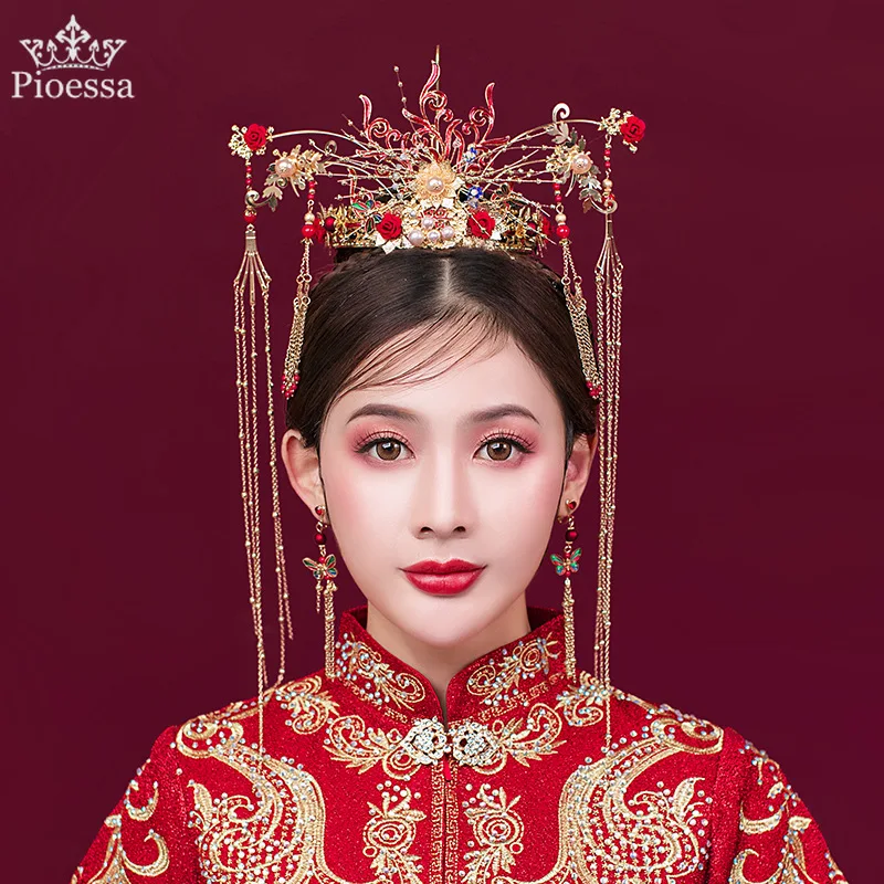 

Pioessa Chinese Traditional Xiuhe Headdress Red Queen New Chinese Bride Phoenix Crown Long Tassel Ancient Costume Hair Crown