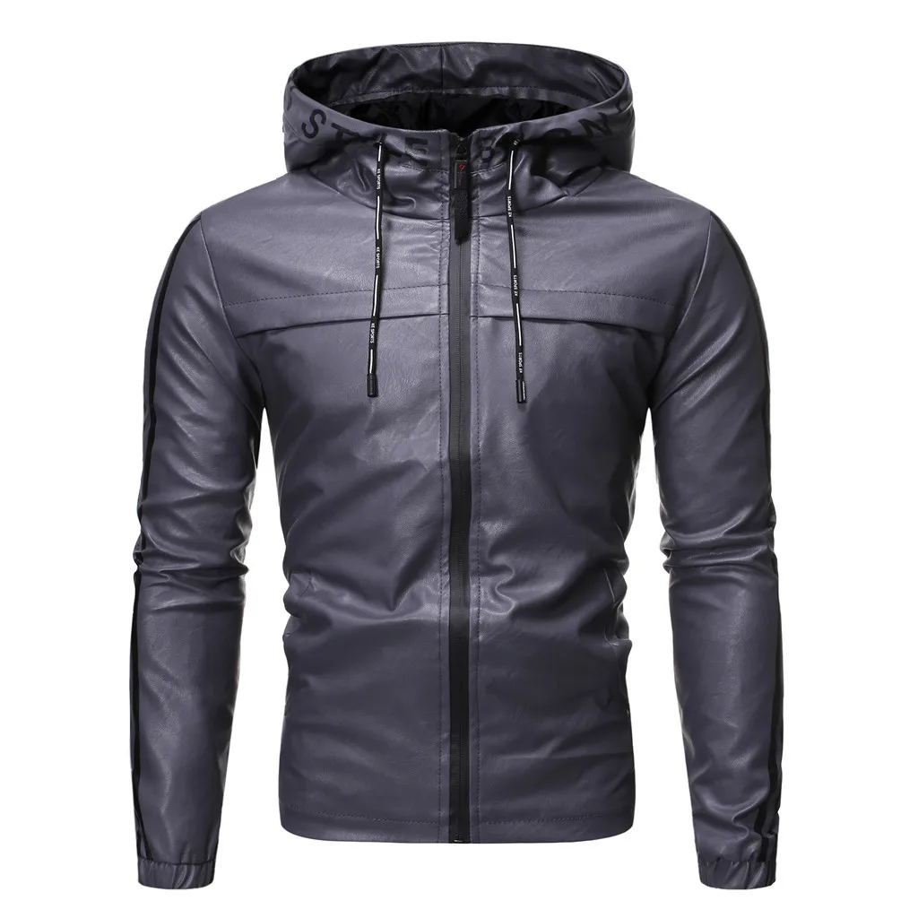 Men's Autumn Winter Casual Long Sleeve Solid Thicken Hooded Leather Jacket Top Men Warm Genuine Leather Jackets Y10.4