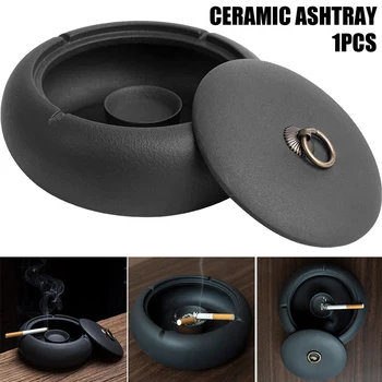 

Ne Black Ceramic Ashtray Personality Fashion Windproof Large with Lid for Living Room Home Office European Style Ashtray