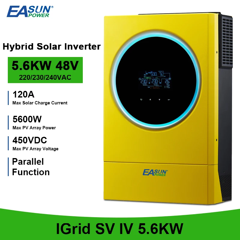 

5.6KW MPPT Hybrid Solar Inverter 230VAC 120A Solar Charger PV Input 6000W 450VDC LED Ring Lights Touchable Button Built-In WIFI