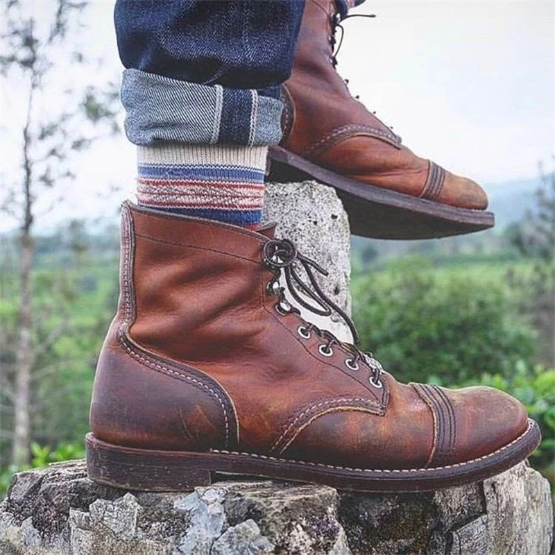 Botas de tacón bajo con punta redonda para hombre, zapatos masculinos de estilo Retro, con cordones, cómodos personalizados, de uso diario, color marrón, para otoño| | - AliExpress