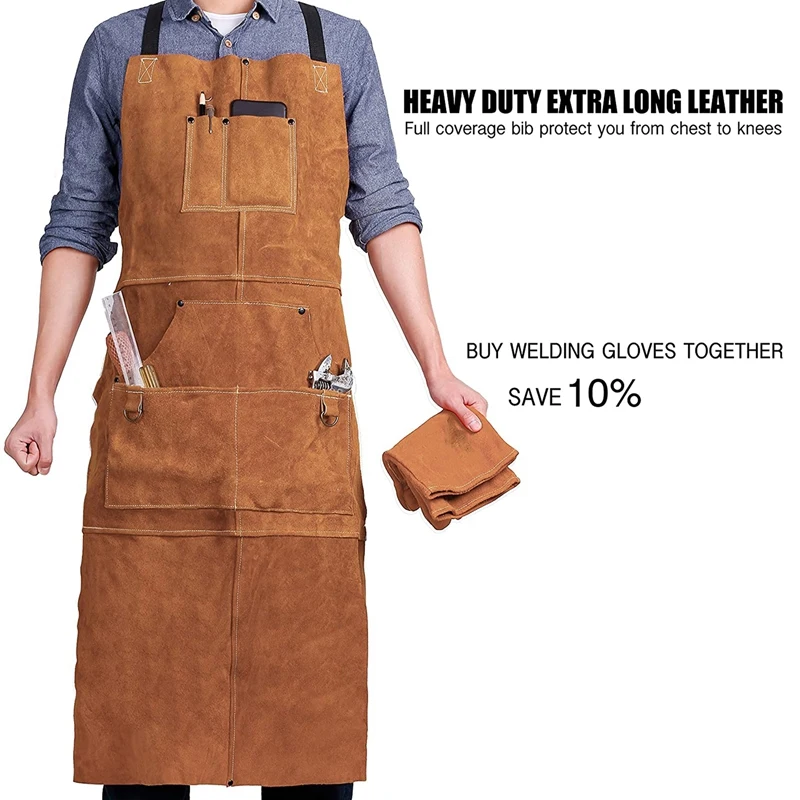 QeeLink Leather Welding Apron Heat ＆ Flame-Resistant Heavy Duty Work Apron with Pockets, 42" Extra Large ＆ Cross Back Extra Long Strap, 並行輸入 - 2