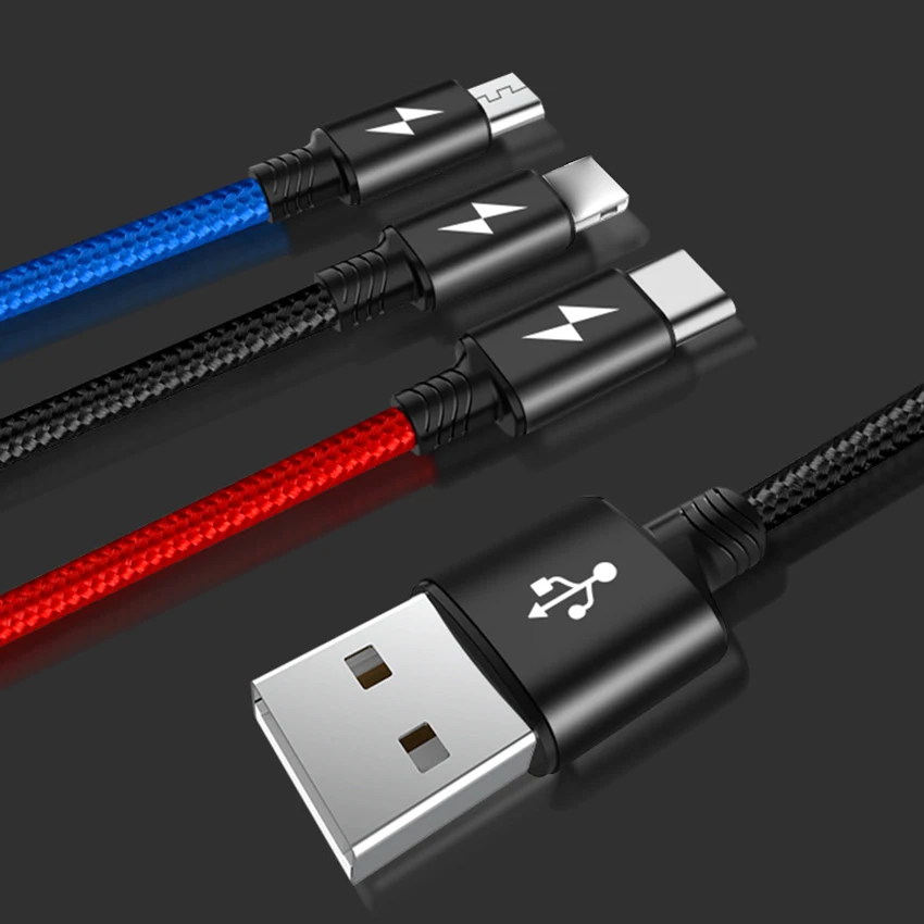 Многофункциональный usb-кабель 3 в 1, светодиодный кабель 3-в-1 для зарядки, кабель типа C micro 8Pin, зарядка для iPhone, samsung, Xiaomi, huawei, LG