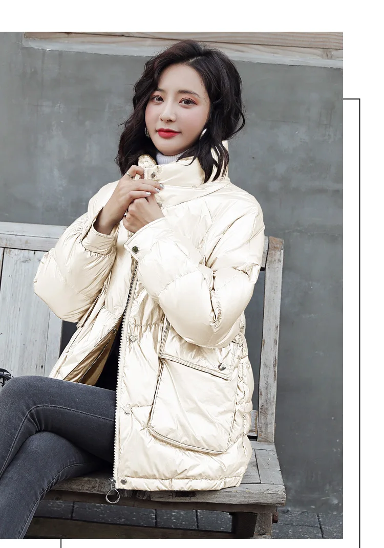Stand Collar down Jacket Women's Short Winter New Style Short-height Loose-Fit Students White Duck down Warm Bright Surface