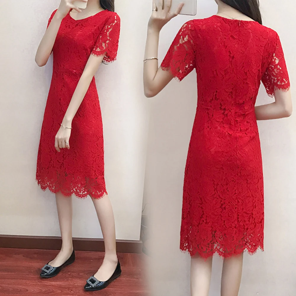 Summer Women fashion lace Dress Round Neckline Short Sleeves Crochet Lace Dress