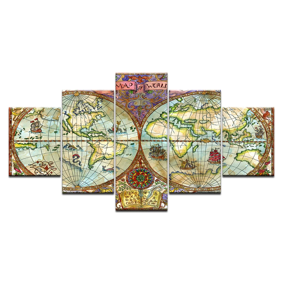 5 панельные винтажные плакаты с изображением карты старого мира и принтами