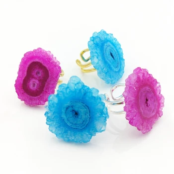 

Big size Solar Quartz Rings Jewelry Natural Druzy Quartz Crystals Sun Flower Ring Rock Drusy Adjustable Rings for Women Girl