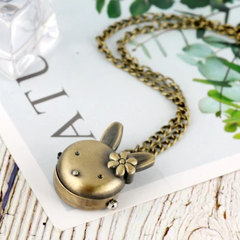 

Women's Lovely Rabbit Shape Flower Pocket Watch for Girls Retro Bronze Classic Full Hunter Pendant Chain Necklace Watch Kids Toy