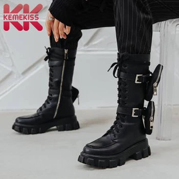 

KemeKiss New Cool Woman Mid Calf Boots Real Leather Band Buckle Woman Winter Shoes Warm Fashion Short Boots Woman Size 34-40