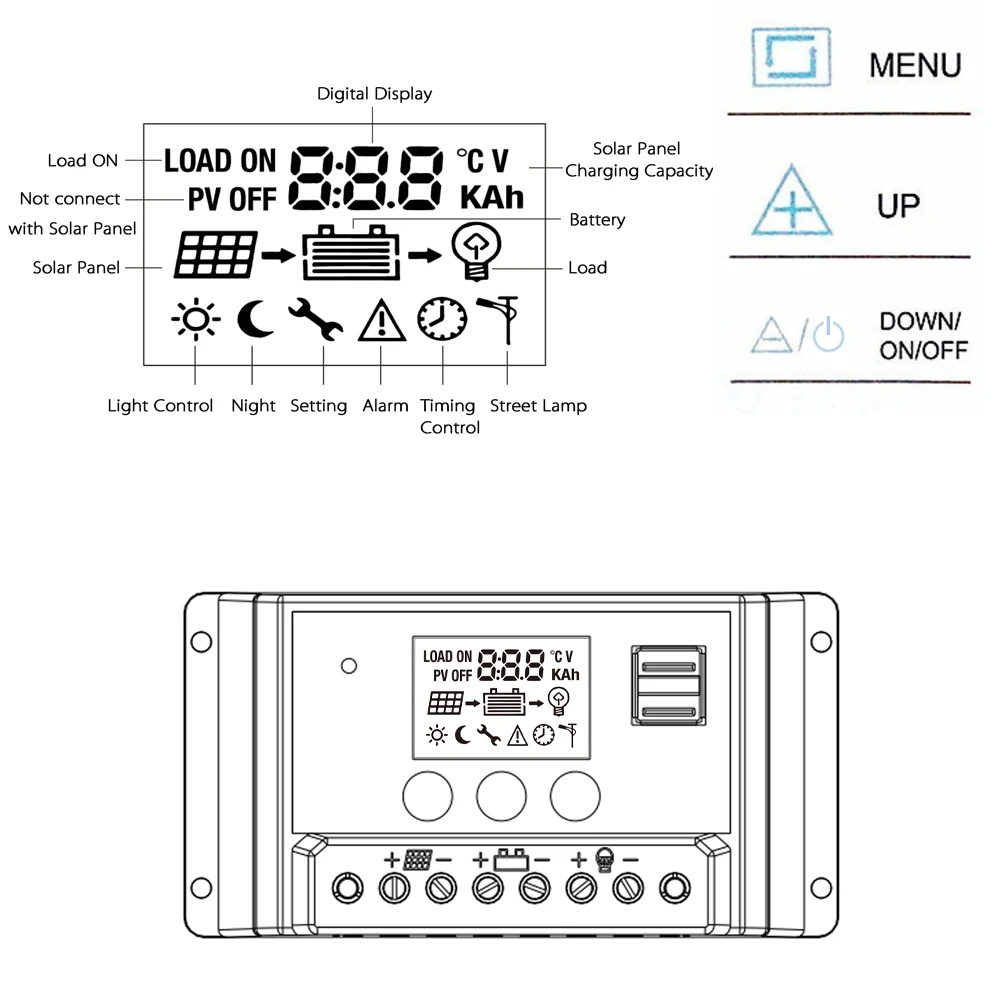 10A/20A 12,6 V Солнечный контроллер заряда ЖК-дисплей Dual USB ШИМ-контроллеры для Панели солнечные Батарея лампы Защита от перегрузки