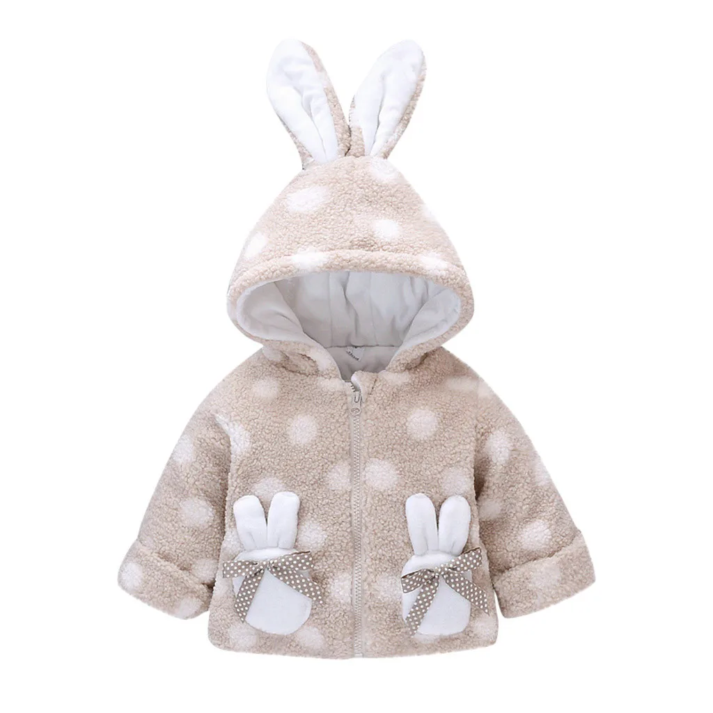 Baby Children Girl Winter Warm Loose Coat Zipper Bow Little Rabbit Pocket Rabbit Ear Hodded Dot Pattern Jacket Parkas Outwear#g4