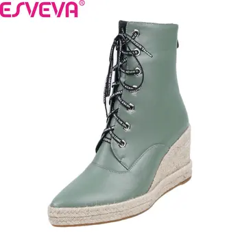 

ESVEVA 2020 Women Ankle Boots Pointed Toe Wedge Heel Autumn Winter Short Boots PU Lace Up Zipper Casual Women Shoes Size 34-43