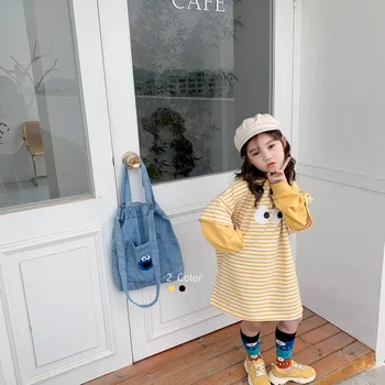 

2020 New Baby Girls Long Sleeve Causal Loose Cotton Fake Two Pieces with Cartoon Eyes Stripe Dress Toddler Children Kids Dresses