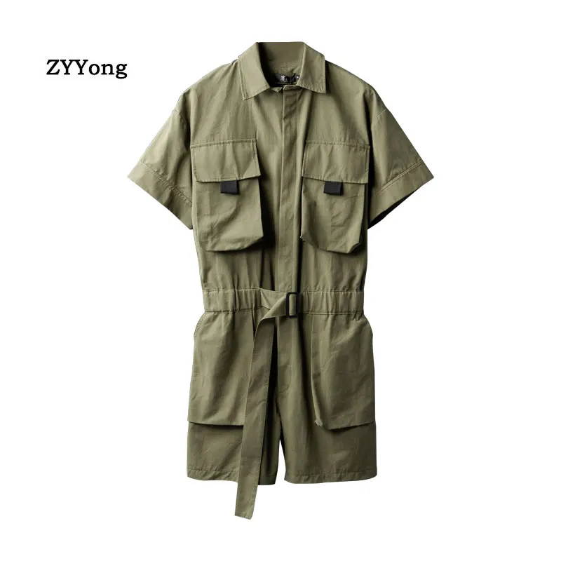 Summer Men's Shorts Jumpsuit Lapel Multi-Pocket Fashion Casual Hip-Hop Streetwear Overalls Green Black Large Size Cargo Pants