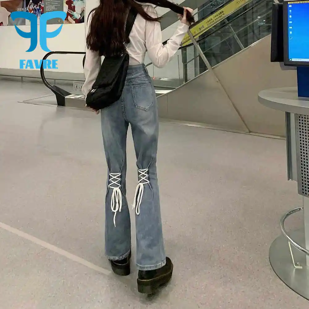 

Женские джинсы-клеш FAVRE, прямые широкие брюки с завышенной талией, с поясом, стильные свободные тонкие штаны для девушек, весна-осень