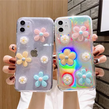 

50pcs Transparent Glitter 3D Flowers Phone Case For iPhone 11 Pro X XR XS Max 8 7 6 6s Plus Bling Floral Soft Silicone Cover