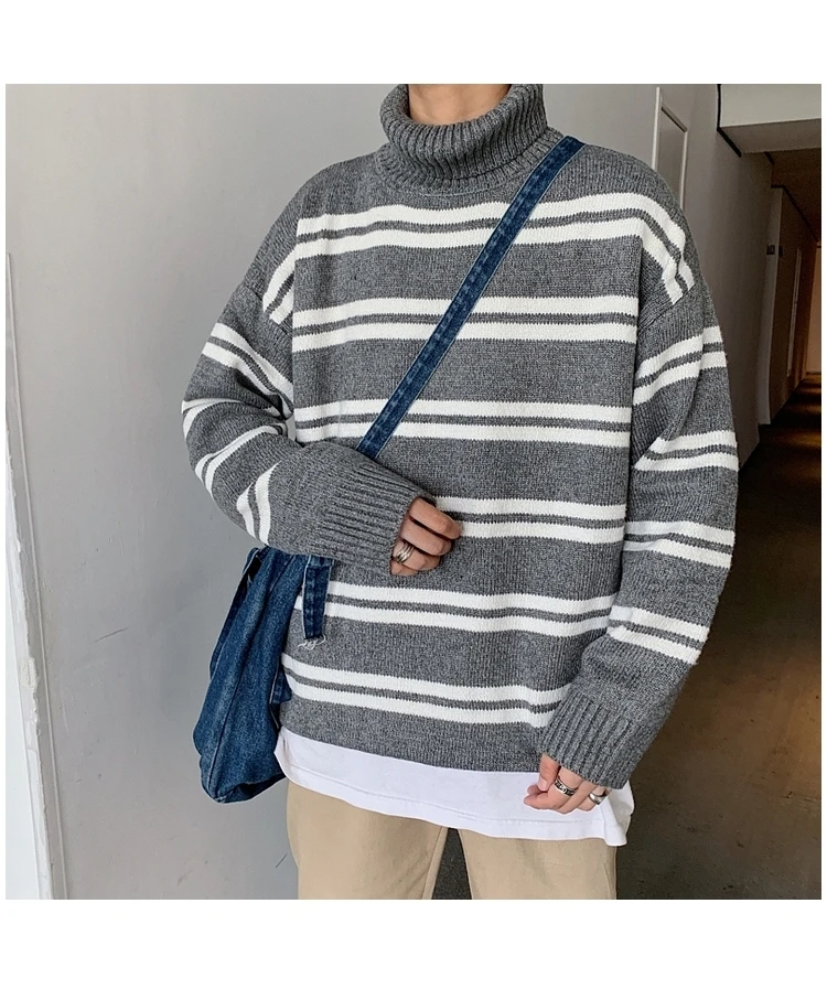 Privathinker Men Striped Printed Autumn Knitted Winter Sweaters Mens Korean Fashion Turtleneck Pullovers Male Warm Clothing