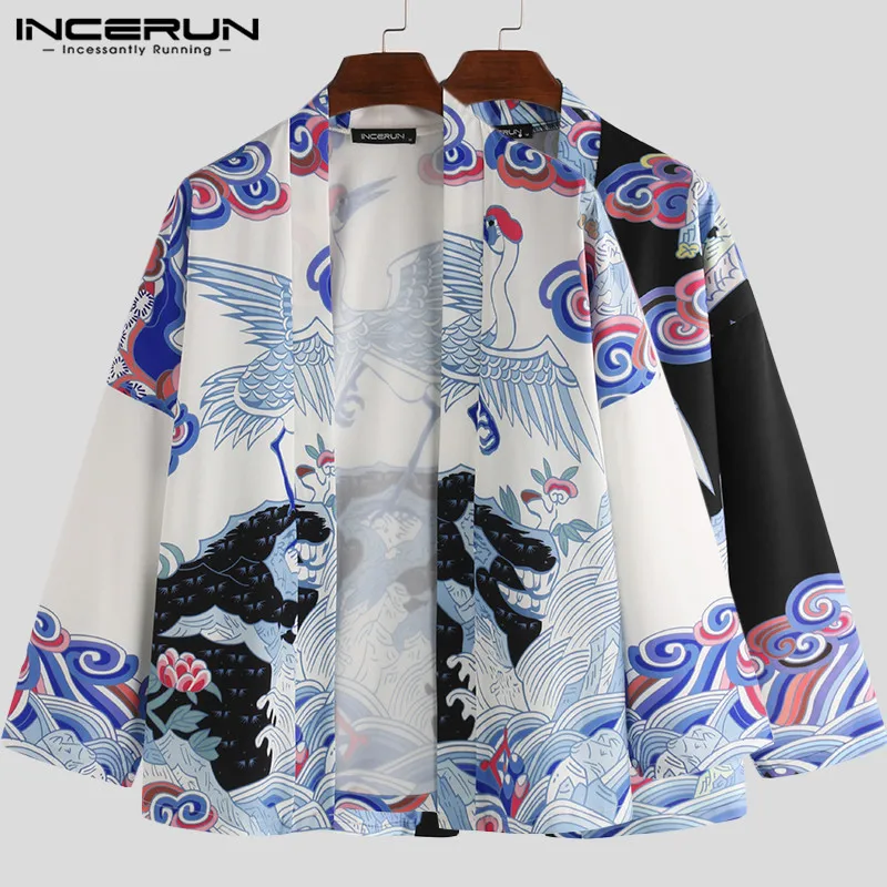 Men Printed Shirt Ethnic Style Long Sleeve Open Stitch Kimono Vintage Streetwear Fashion Men Casual Loose Cardigan Tops INCERUN
