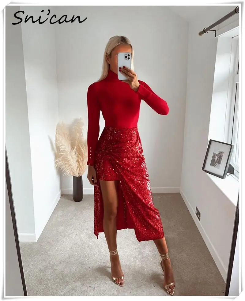 skirt top Za Red Sequin A Line Ruched High Split Long Skirt Spring Fashion Ladies Long Faldas Mujer Vintage Female Bottom 2021 Jupe Femme red skirt